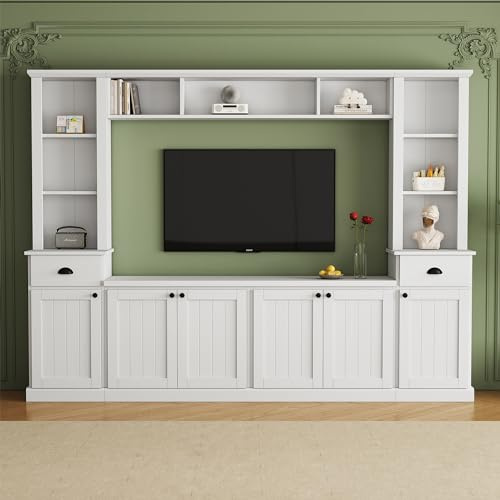 Acarra Minimalist Entertainment Wall Unit Set with Bridge, Large TV Stand for TVs Up to 75 Inch, Modern Media Console with Adjustable Shelves & Ample Storage, Living Room TV Cabinet Set, White