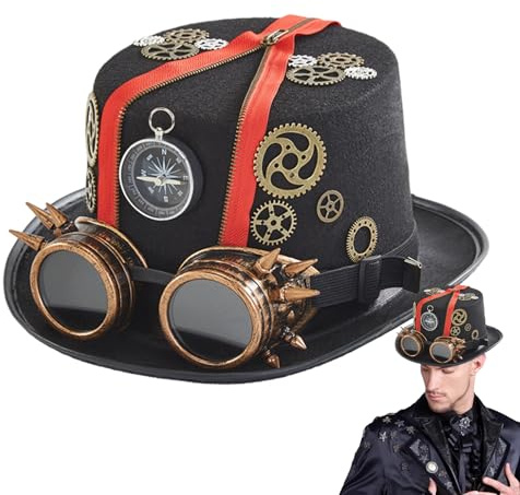 Hezudiay steampunk cylinderhatt med glasögon, gotisk steampunkcylinder, steampunk-hattar, vintage gotiska cosplay halloween hatt, steampunk kostym tillbehör för vuxna och män