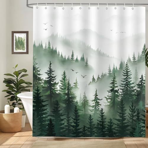 hometrixx Duschvorhang Wald Dschungel Kiefern Bäume Landschaft 180x200 Grün | Wasserdicht Polyester, Maschinenwaschbar, Badevorhänge mit 12 Ringe, Schimmelresistent Badezimmervorhang für Dusche Bad