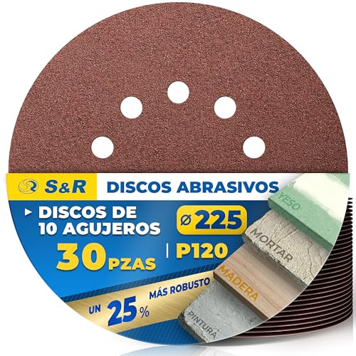 S&R Sandpapper 225 mm kardborreband P120, 10 hål, slipgiraff 225 mm, slipskivor, 30 stycken för excenterslipar, långhalsslip (slipgiraff), slippapper för vägg, tak, gipsskivor