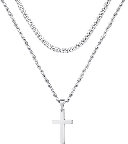 M MOOHAM Men's Cross Necklace, 2PCS Stainless Steel Necklace for Men, Silver/Gold/Black Sturdy Non-Fading Cuban Rope Chain Necklace Valentine's Day Jewelry Gifts for Men Teen