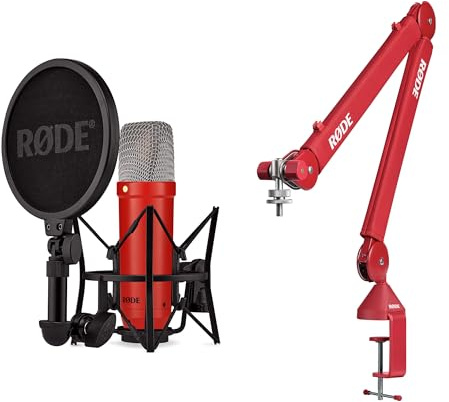 RØDE NT1 Signature Series Micrófono de Condensador + Brazo de Estudio PSA1+ – Kit de Grabación Profesional para Voz, Streaming y Podcast (Rojo)