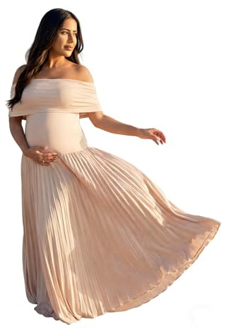 Cichic Off Shoulder Maternity Maxi Dress, Pleated Flowy Gown for Photoshoot, Baby Shower, Wedding Guest, Nude/Beige