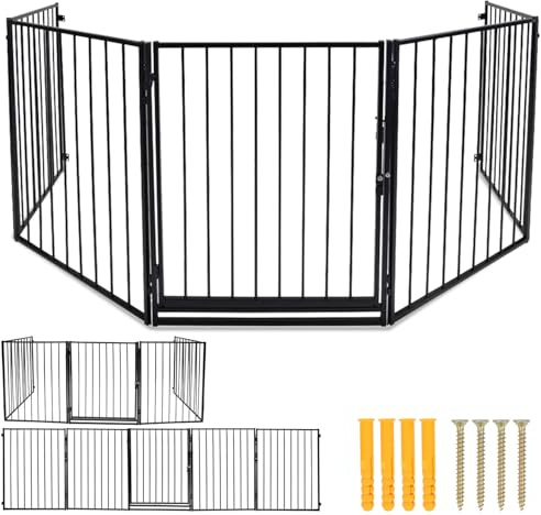 Peviasot Rejilla de protección para chimenea con puerta de metal de 304 cm, rejilla de barrera plegable para protección de animales, rejilla de protección para niños, elementos de 5 piezas (60 x 76 cm