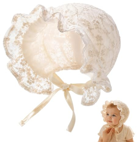 Aribliseza 1 Chapeau de Soleil Bébé Protection UV 50, Bonnet Nouveau-né avec Dentelle Blanche, Léger Chapeau d'Été pour Fille, Attache Ajustable, Bonnet Dentelle Respirant pour Voyages et Séances