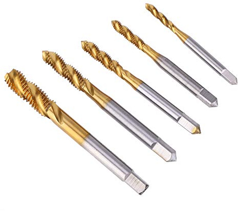 HUSHUI Jeu de Tarauds à Flûte, Embouts de Tarauds en Spirale HSS Plaqués Titane, Kit M3 M4 M5 M6 M8 pour Divers Besoins de Taraudage, 5 Pièces