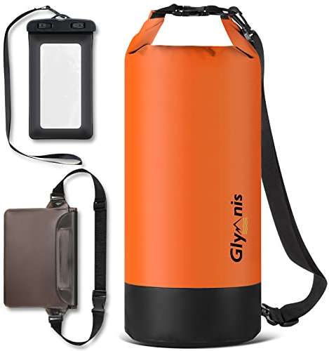 Glymnis Dry Bag wasserdichte Tasche 10L 20L Wasserdichter Packsack mit Bauchtasche und Tragegurt Waterproof für Wassersport Strand Schwimmen Bootfahren Reisen Camping (Orange, 10L)