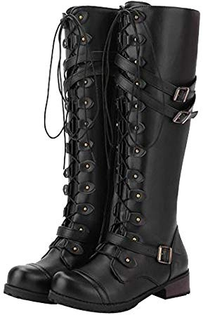 Hbeylia Women's Motorcycle Riding Boots Fashion Leather Metal Buckle Lace Up Knee High Chunky Heel Goth Combat Boots Gothic Punk Low Heel Military Over The Knee Winter Tall Boots For Women