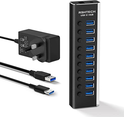 RSHTECH 10-Port Powered USB Hub (10Gbps Version, RSH-A10S) | Aluminum 10Gbps Powered USB-C Hub with 12V/3A (36W) Power Supply for Laptops & Desktops with USB-A/ USB-C/Thunderbolt Ports