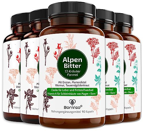 BonVigo® AlpenBitter Kapseln – 13 Kräuter Bitterstoff Formel mit Mariendistel, Enzian, Wermut & Löwenzahn – Cholin unterstützt Leberfunktion & Fettstoffwechsel – Nach altem Klosterrezept – 450 Kapseln