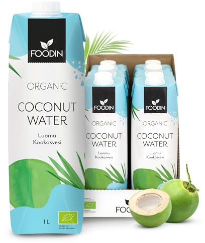 Foodin Ekologiskt Kokosvatten – Naturligt Fuktgivande med Elektrolyter – Fettfritt, Glutenfritt, GMO-fritt, Låg Kalori – Uppfriskande Törstsläckare – 6-pack (6 x 1000 ml)
