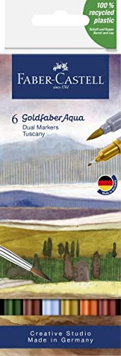 Faber-Castell - Goldfaber Aqua Dual Marker Toskana, 6 Farben | Wasservermalbare Dual Marker mit Pinselspitze und Fineliner für Aquarellmalerei und Lettering