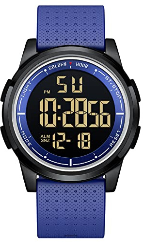 GOLDEN HOUR Ultra-Thin Minimalist Sports Waterproof Digital Watches Men with Wide-Angle Display Rubber Strap Wrist Watch for Men Women in Blue