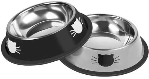 Serentive 2 Pcs Non-Slip Stainless Steel Small Food Bowls - Unbreakable, Thicken Cat Feeder, 7 Oz Dishes - Suitable for Indoor Small Pets - Removable Rubber Base, Easily Clean, Lovely Color