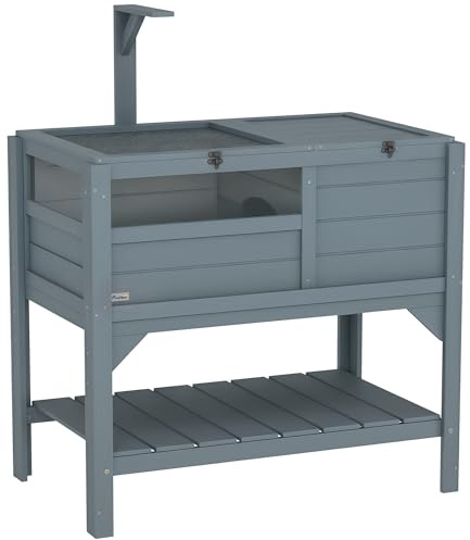 PawHut Tortoise House w/Shelf, Small Pet Reptile Wooden House w/Hide Shelter Den and Run, Lamp Holder, Tray, for Indoors, Outdoors - Grey