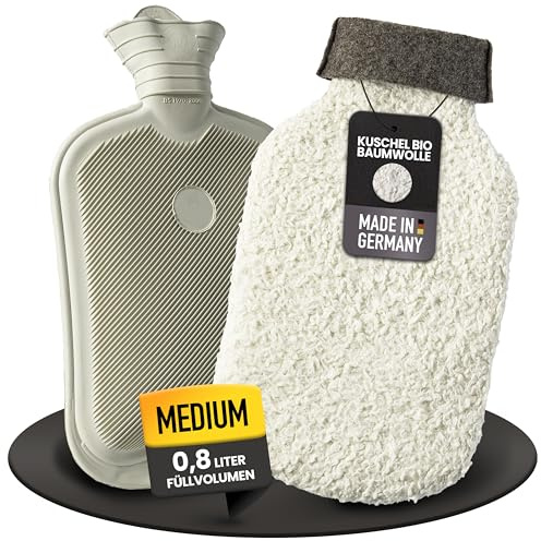 Kuschel Wärmflasche Mit Bezug [0,8L] Aus Extra Weicher Bio-Baumwolle Und Recycling Filz - Made in Germany - Flauschig Lange Warm Zur Schmerzlinderung - Easy and Green®