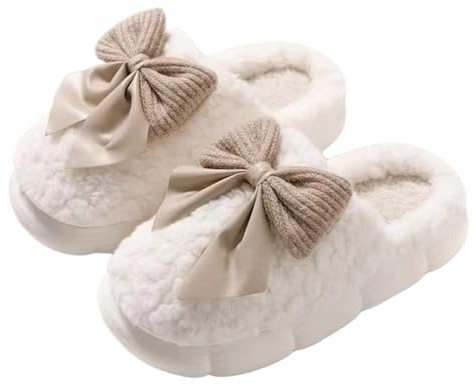 FRZTOUR Plush Cute Bow Slippers for Women – Furry Comfy Indoor Outdoor Non-Slip House Slippers (white, 7.5-8.5, Adult, Women, 7.5, Numeric Range, US Footwear Size System, 8.5, Medium)