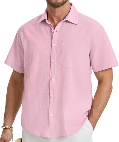 HISDERN Chemise Homme Lin Rose Casual Été Chemise Homme Manches Courtes Bouton Revers Classique Solid Confortable Chemises XL