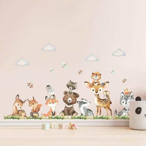 Tanlaby Bosque Animales Vinilo Pared Giraffe Bär Eichhörnchen Fuchs | Selva Animales Autoadhesivo Removible Vinilos Decorativos para Habitación Bebé Niños Guardería
