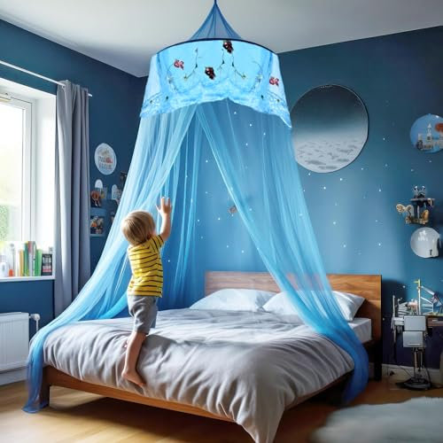 SZHTFX Zanzariera blu per letto, grande baldacchino da appendere a cupola per bambini con pizzo rotondo per installazione senza punzonatura, rete per letto da singolo a matrimoniale, ideale per camera
