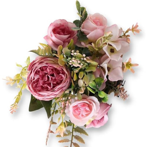 Taasmoog Artificial Flowers, Pink Roses Artificial Flowers Fake Flowers Realistic Fake Plant for Cake Decoration Home Décor Weddings DIY and Crafts (Peony Rose Hydrangea Foliage)