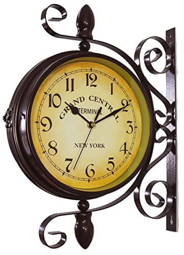 LUOYAOB Retro Bahnhofsuhr Doppelseitige Uhr im Freien, Metall im Freien Eckuhr, Wand montierte Retro-Zentralstationuhr, 360 ° for dekorative Wandkunstgarten Terrassenpool Zaun Badezimmer drehen