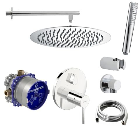 vanvilla Duschsystem Unterputz mit Duscharmatur Hansa poliert A121 | Duscharmatur von Hansa Vantis Einhebelmischer und vanvilla Regendusche Duschkopf rund, Dusch-Set poliert