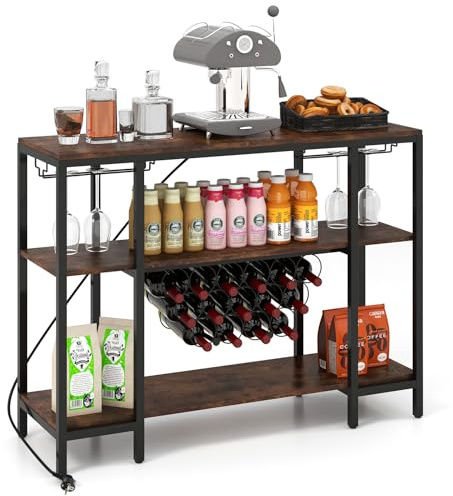 GIANTEX Portabottiglie per 15 bottiglie, portabottiglie a 3 livelli con supporto in vetro, tavolo da vino con 2 porte USB e 2 prese, armadietto per vino industriale in legno e metallo, 113 x 35 x 85