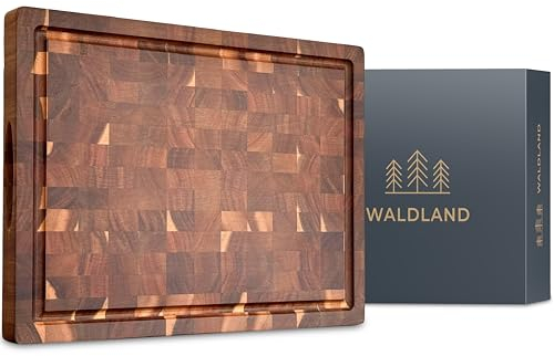 WALDLAND Premium Schneidebrett Holz Groß 40 x 30 x 3 cm I aus robustem Akazienholz I Holzbrett Küche I dickes Schneidebrett mit Saftrille I Stirnholz I Hirnholz
