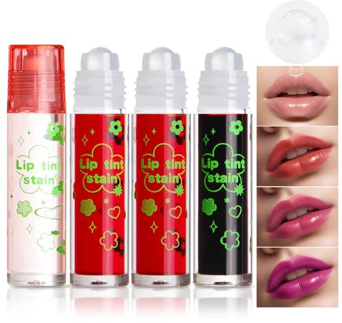 Prreal 4PCS Roll-On Lip Tint Stain Set, Highly Pigmented Lip Stain Lip Gloss, Multi-Function Lip Tint Blush Eyeshadow Lip Stains, Long-Lasting Moisturizing Lipstain with Clear Lip Oil (Set B)
