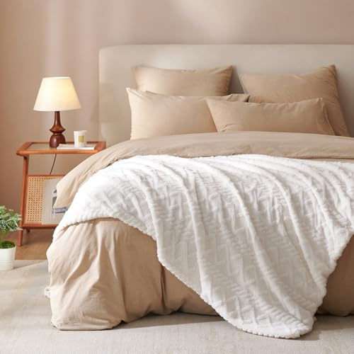 Covebett Couverture en peluche moelleuse, 220 x 240 cm, polaire, crème, blanc, uni, douce, épaisse, chaude, toucher cachemire, pour canapé, lit, canapé