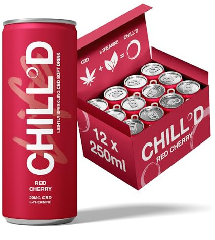 CHILL°D 20mg CBD Drinks - 12 x 250ml Cans | Red Cherry Sparkling Soft Drinks - Vegan, Low-Calorie, Sugar-Free & Natural | 20mg of CBD in Each Can Helps Reduce Anxiety & Stress and a Great Sleep Aid