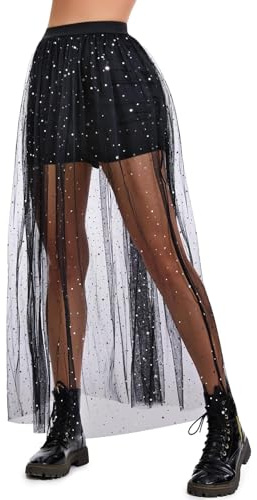 JasGood Jupe pour femme 2 en 1 en tulle transparent, Jupe en maille noire avec short, Jupe taille haute avec taille irrégulière pour la fête et le port en club, L