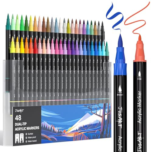 JusArt 48 Acrylstifte mit Doppelspitze, Pinsel und feine Spitze, Acrylic Marker Wasserfest, Premium-Farbstifte für Holz, Leinwand, Eier, Stein, Stoff, Felsen, Metall, Glas, Keramik, Basteln, Geschenke