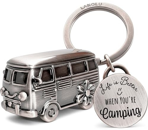 LANOLU Llavero de la suerte de camping, regalo para caravana, regalo para camping y campista, remolque 3D, accesorios de metal, plata, Llavero