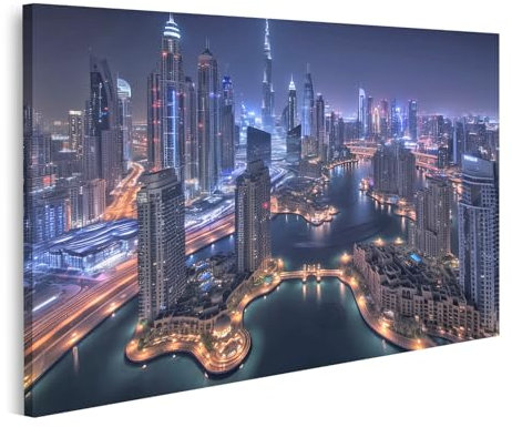 islandburner Bild auf Leinwand Nächtliche Skyline von Dubai mit beleuchteten Wolkenkratzern für Wohnzimmer Liebhaber Büro Bilder Wandbilder Poster