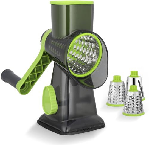 Dreamhigh® Cortador de Verduras Manual, Rallador Verduras con 3 Acero Inoxidable Cuchillas de Tambor Intercambiables, Fuerte Succión, Mandolina de Cocina para Queso, Pepino, Zanahoria, Nueces(Verde)