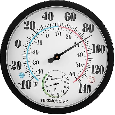 Reinscer Innen AußEn Thermometer, Garten, Wand, Terrasse, Wetter Thermometer, Hygrometer, GroßE Zahl, 25,4 Cm Durchmesser (Schwarz)