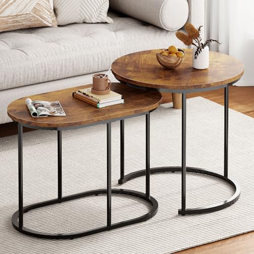 SDHYL 2er Couchtisch Set, weiße Faux Marmor Beistelltische Sofatisch, Beistelltisch,Nesting Couchtische for Wohnzimmer, Schlafzimmer, Büro (Rustikal braun&Schwarz)