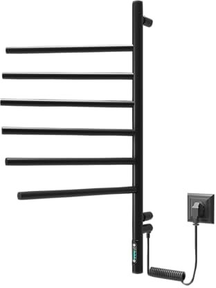 Scaldasalviette elettrico 78W - Scaldasalviette da bagno nero opaco con timer e termostato - 6 bracci girevoli - IP44 - Montaggio a parete