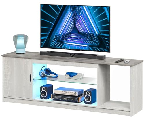 Bestier Mobile TV basso per TV da 65 pollici e piccoli televisori, 145 x 35 x 52 cm, con luci LED RGB & ripiani in vetro regolabili per soggiorno, camera da letto