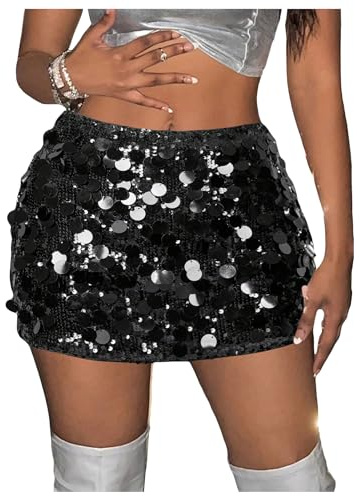 GORGLITTER Women's Sequin Sparkly Bodycon Mini Skirts Low Waist Skinny Night Out Skirts Concert Outfits Black X-Small