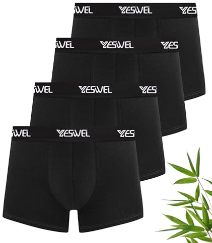 YESWEL Mens Boxers, Bamboo Boxer Shorts Multipack of 4, Anti Chafing Underwear, Moisture Wicking Breathable Underpants, No Itchy Labels Pants Trunks (4x Black, XL)