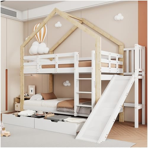 Wyibwy Cama para niños de 90 x 200 cm, litera con tobogán y escalera de tres peldaños, cama tipo casita con protección anticaída y 2 cajones, estructura de madera maciza (sin colchón)