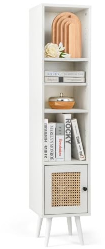 COSTWAY Hochschrank Rattan, Badzimmerschrank mit 4 Ablagen, Holzbeine und Rattantür, Kommode schmal, Bücherregal Boho Holzschrank 29,5 x 29,5 x 137cm (weiß)