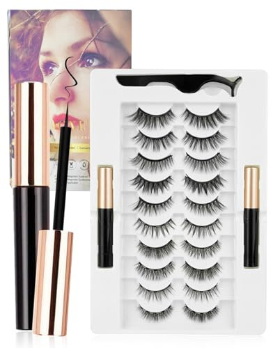 10 Pairs Reusable Magnetic Fake Eyelashes with 2 Tubes Magnetic Eyeliner, Natural Eyelashes Easy to Wear, Including Tweezers – Reusable Eye Lashes for Daily and Special Looks