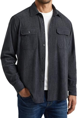 Enlision Chemise Homme Velours Côtelé Veste Décontractée Boutonnée Surchemise Rétro Coupe Ample Toucher Doux Haut de Mi-Saison Gris foncé L