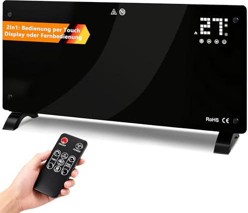 Citybee Elektroheizung Konvektor Heizung Elektrisch - Glasheizung mit Thermostat Energiesparend Leise Glaskonvektor Standgerät - Elektroheizkörper mit Fernbedienung & Touch-Display Timer 2500W bis 40㎡