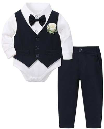 Rswnyirn Baby Jungen Festlich Anzug Gentlemen Outfit Strampler Langarm Hemd Anzugweste mit Pants Hose Baby Taufkleidung Geburtstag Party Outfit Navy blau 80-86