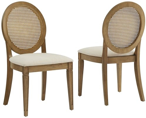 Crosley Furniture Katia Traditional Oval Cane-Back Dining Room Chairs Set of 2, Upholstered Kitchen Chair, Driftwood/Crème